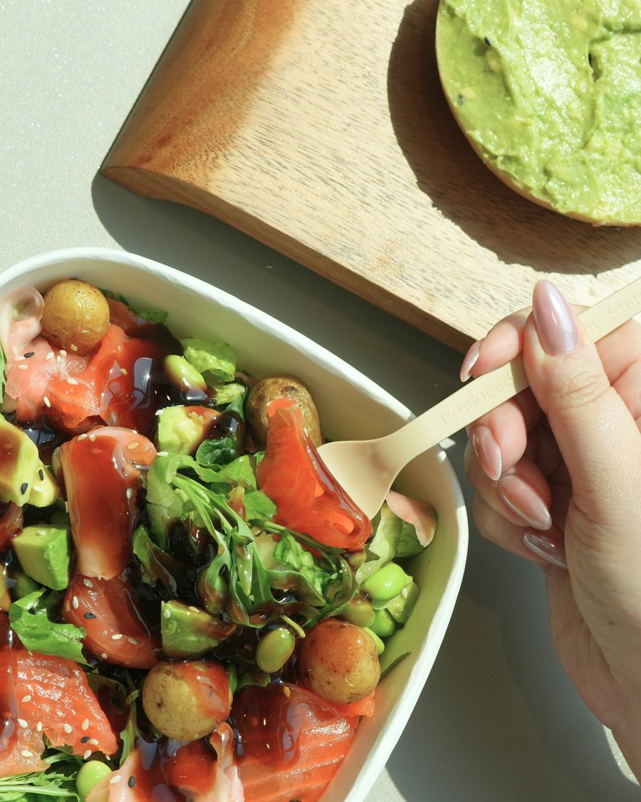 Salmon salad bowl overhead