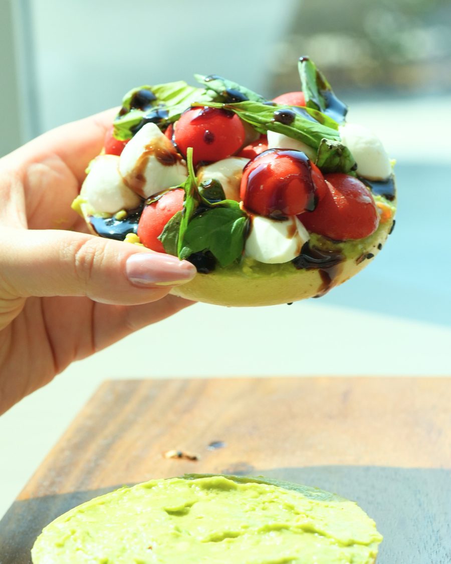 Caprese bagel close up
